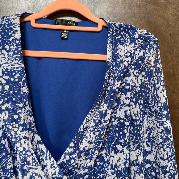 Aqua Blue Floral Ruffled Metallic Long Sleeve Smocked Mini Dress - Picture 2 of 3